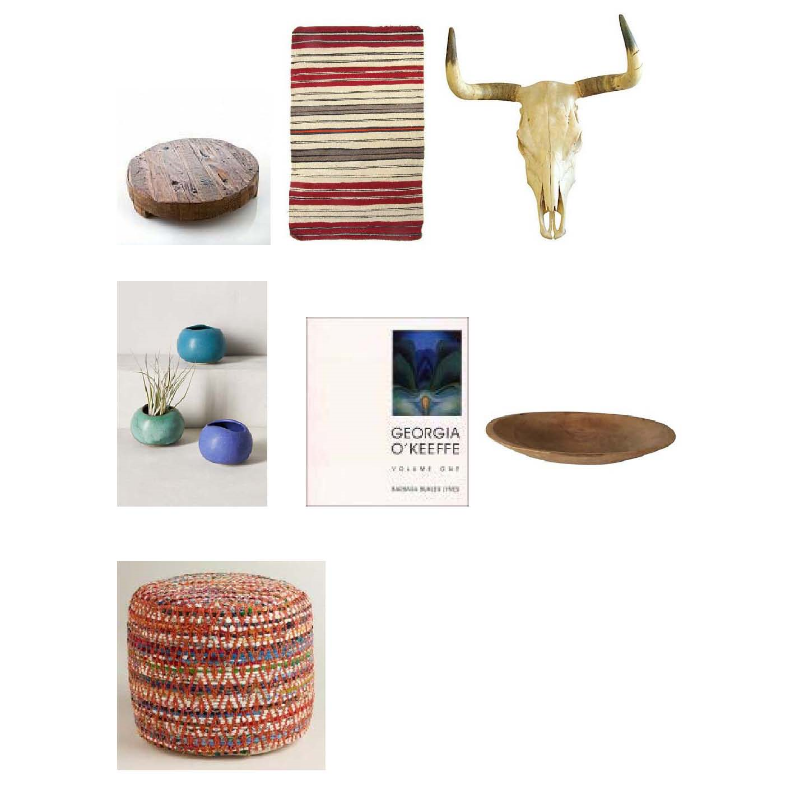 Wood Trivet: Hudson Grace , Vintage Navajo rug: Ruby+George , Texas Longhorn: One Kings Lane , Canyon Planters: Anthropologie , Georgia O'Keeffe: Catalogue Raisonné: Barns and Noble , Wood dough bowl: One Kings Lane , Chindi Pouf: World Market