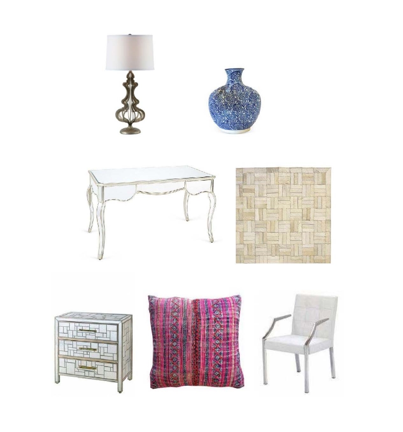 Aidan Gray table lamp: Layla Grayce , Blue and white vessel: One Kings Lane , Ella mirror desk: One Kings Lane , Natural hide rug: Serena and Lily , Piet chest: Calypso, Sky pillow: Amber Interior Design , Paris arm chair: All Modern