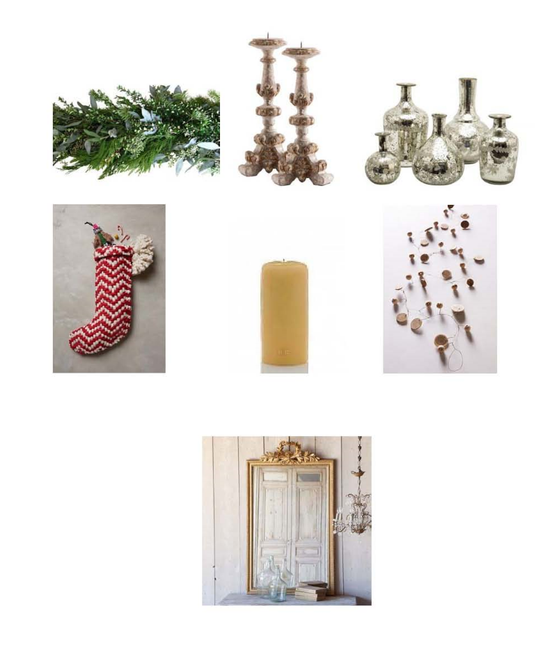 Boxwood Garland : One Kings Lane, Aidan Gray Decor Parisan Candlestick: Layla Grayce, Etched Mercury Glass Bottles : Jayson Home Zig Zag Stocking : Anthropologie, Pillar Candle: Hudson Grace, Sliced Wood Garland : Anthropologie, Antique Crest Mirror : Layla Grayce