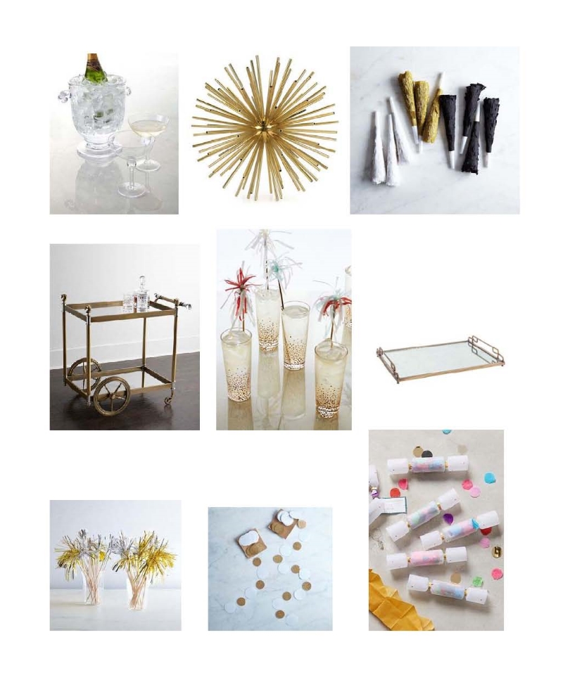 Simone Pearce ice bucket and champagne coupe : Neiman Marcus, Signature Kaleidoscope : Kelly Wearstler, Party Horns : Food52, Jacques Bar Cart : Neiman Marcus, Champagne highball glasses: Anthropologie, Gabby Decor Felix Eglomise tray: Layla Grayce, Party picks : Food52, White and gold circle garland: Food52, Mini confetti crackers : Anthropologie