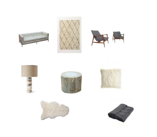 Oly Studio Arden Sofa : Layla Grayce, Amala Flokati Rug : Anthropologie, Chenille Chairs : Charish, Stacked Horn Table Lamp : Pendleton, Foret Coffee Table : Calypso, Tibetan Pillow : Calypso, Sheep Skin throw : Serena Lily, Sefte Paya Throw : Layla Grayce