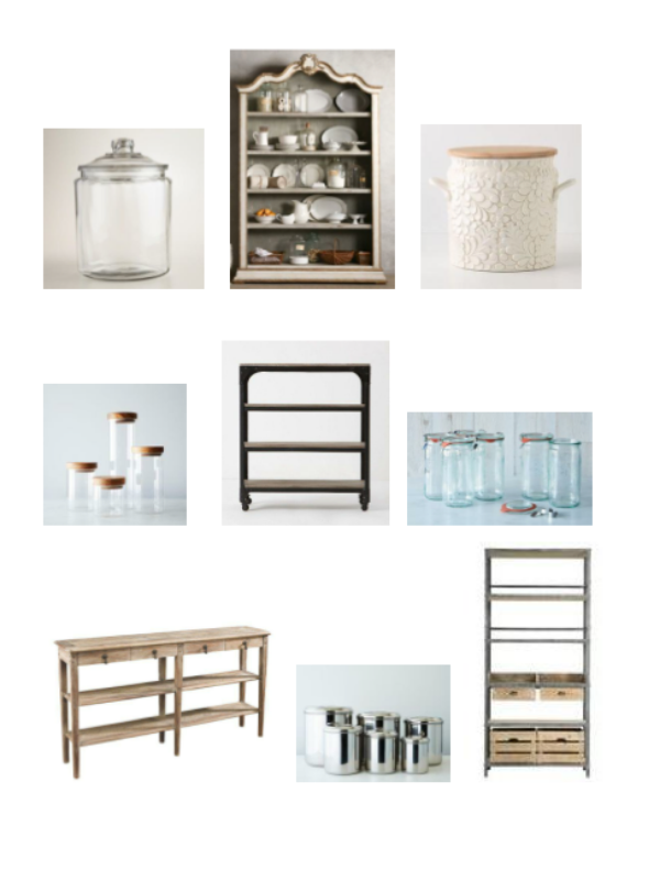 Heritage Hill Storage Jar : World Market, Eloquence Rousseau Gilt and Storm Blue Bookcase : Layla Grayce, Verdant Bread Bin : Anthropologie, Glass Jars with Wood Lids : Food52, Deckers Bookcase : Anthropologie, Weck Asparagus Jars : Food52, Sarah Console : One Kings Land, Stainless Steel Canisters : Food 52, Arley Rack : One Kings Lane