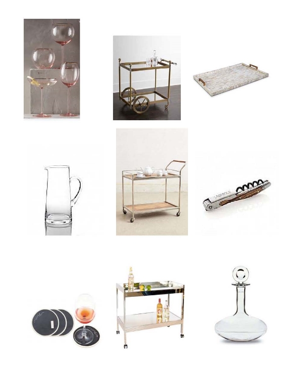 Gilded Rim Stemware : Anthropologie, Jacques Bar Cart: Neiman Marcus, Multi-Tone Bone Brass Tray, Layla Grayce, Bar Tapered Jug : Hundson Grace, Wooden Bar Car : Anthropologie, Laguiole Corkscrew : Hudson Grace, Chalkboard Coasters : One Kings Lane, Nickel Bar Cart : Layla Grayce, Baccarat Oenology Wine Decanter : Neiman Marcus