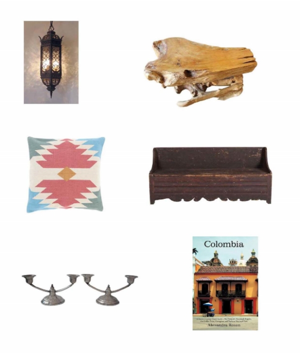 Aviva Pendan t: Steven Handleman Studios, Solid Teak Wood Table : Chairish. Kilim Pillow : One Kings Lane, Primitive Swedish Bench : Chairish, Sterling Colombia Candelabras : One Kings Lane, Colombia : Barnes and Noble