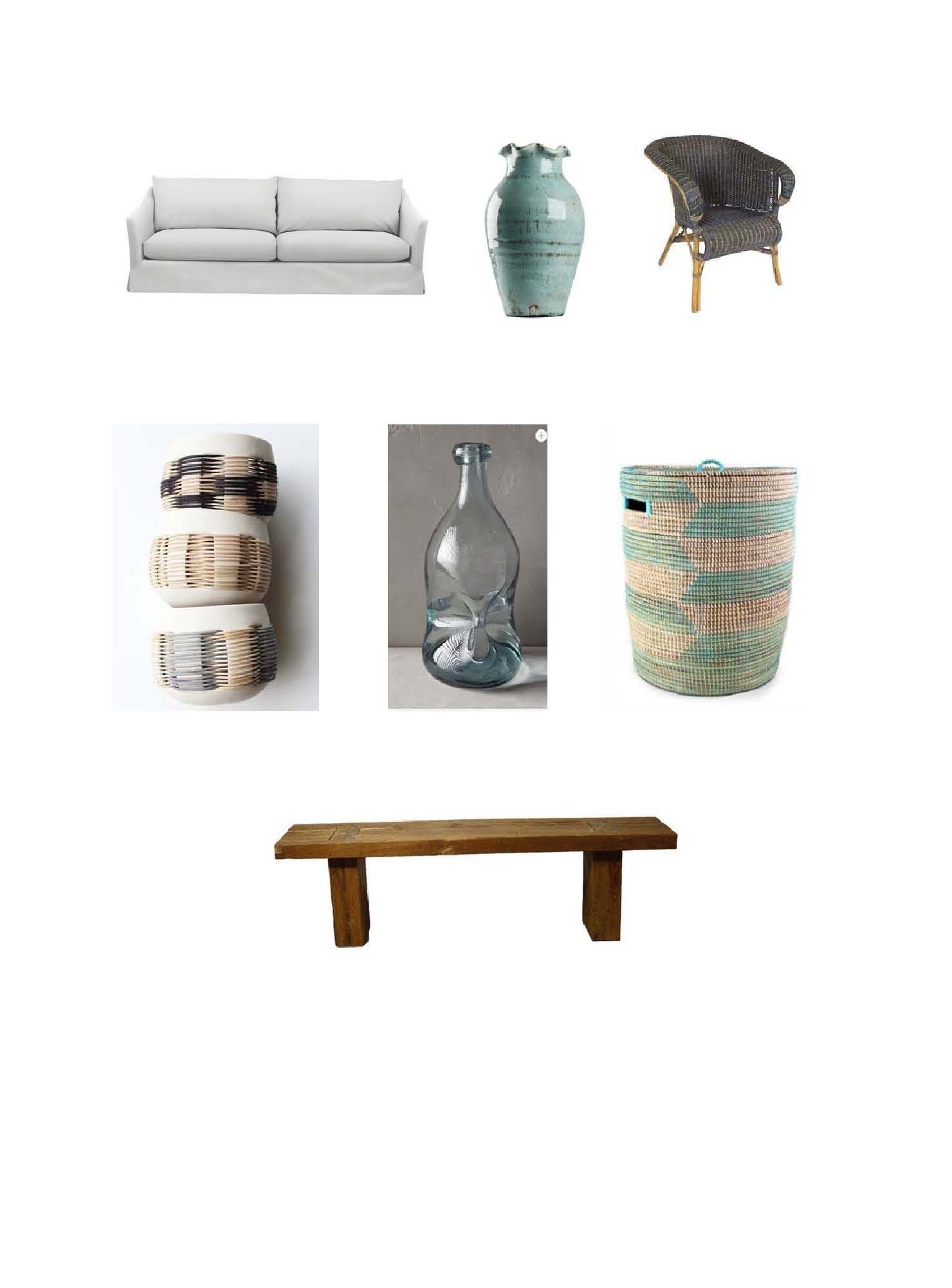 Halsten Sofa : Serena and Lily. Blue Vase : Layla Grayce, Wicker and Reed Arm Chair : Chairish, Pigeon Toe Woven Lanterns : Mille, Pinched Glass Vase : Antropologie, Senegalese Sahara Baske t: Mille, Fillipo Bench: One Kings Lane