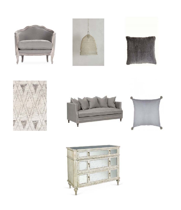 Joseph Club Chair : One Kings Lane, Mesh Beehive Pendant : Anthropologie, Luxe Lapin Pillow: Calypso, Masinissa Hand Knotted Rug : Dash and Albert, Benchmade by BrownstoneThompson Sofa : Layla Grayce, Linen Floor Cushion : Calypso, Evelyn Mirrored Chest : One Kings Lane