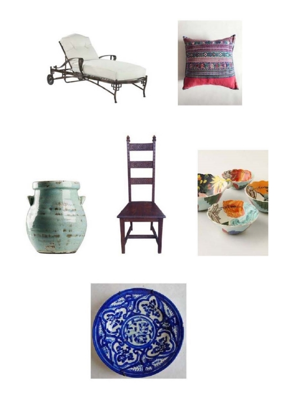 Shangri-La Chaise : One Kings Lane, Non-Perishable Goods Pillo w: Mille, Blue Jar : Layla Grayce, Spanish Arts and Crafts Chair : Chairish, Painted Amaryllis Measuring Bowls : Anthropologie, Vintage Spanish Majolica Plate : Etsy