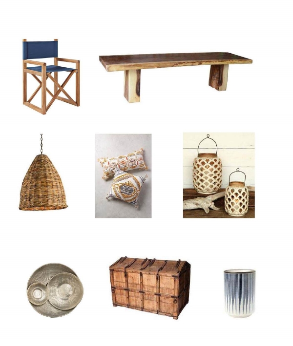 Director Chair: Serena and Lily, Vale Dinning Table : One Kings Lane, Basket Pendan t: Bliss Home, Pushkar Pillow : Anthropologie, Sirena Lantern: Bliss Home, Palais Silver Bowls : Jayson Home, Banded Teak Trunk : One Kings Lane, Blue Stem Cup : Jayson Home
