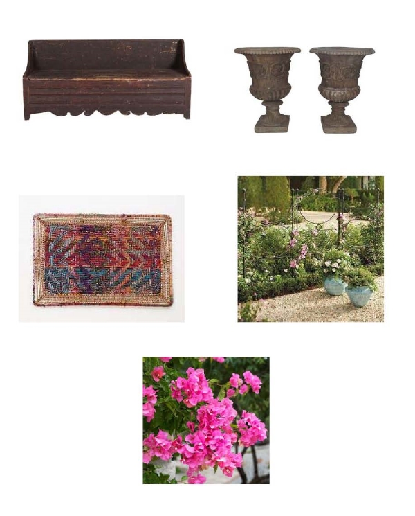 Primitive Swedish Bench : Chairish, Cement Urn Planters : Chairish, Handwoven Doormat : Anthropologie, Wall Garden Trellis : Grandin Road, Bougainvillea Plants : Brighter Blooms