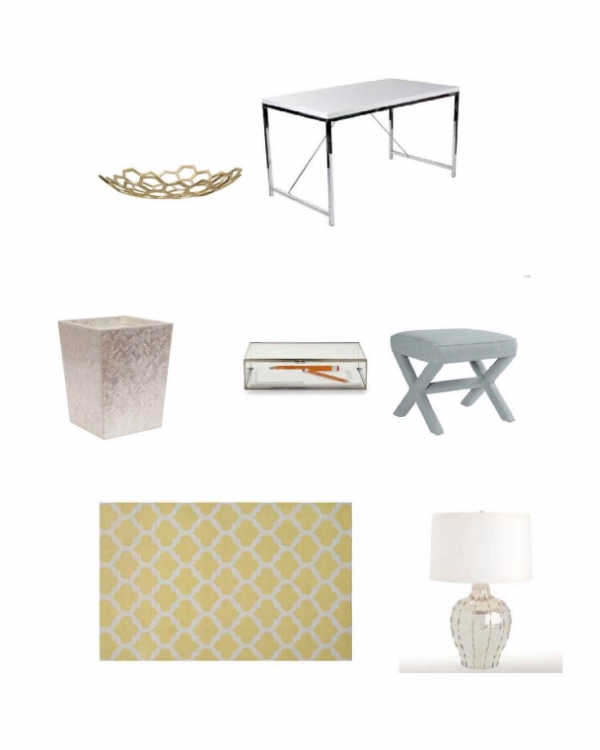 Honeycomb Brass Bowl : Jayson Home, Shayla Desk: One Kings Lane, Pearlized Wastebasket : Layla Grayce, Jedd Document Box: Bliss Home, Parker X-Bench : Serena and Lily, Laurel Flat Weave Rug : One Kings Lane, Arteriors Elise Table Lamp : Layla Grayce