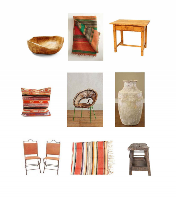 Teak Bowl : One Kings Lane, Vintage Kilim Rug : Mille French Country Table : Chairish, Cicim Kilim Pillow : Loaded Trunk, Looping Apasra Chair : Anthropologie, Pharaoh Stoneware Urn: Bliss Home, Mexican Leather Chairs : One Kings Lane, Mexican Serape : One Kings Lane, Vintage Bench: Jayson Home