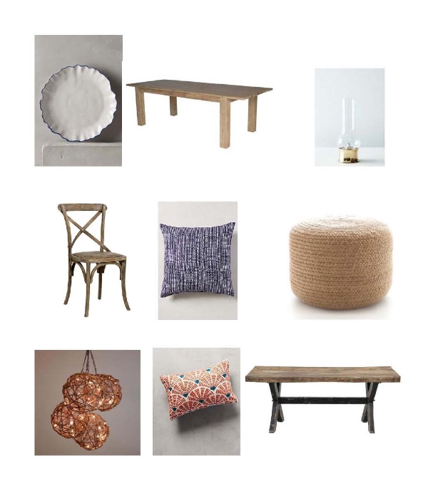 Ruffled Rim Plate : Anthropologie, Dining Table : One Kings Lane, Hurrican Lamp : Food52, Dining Chair : Layla Grace, John Robshaw Aleppo Pillow : Anthropologie, Braided Pouf : Dash and Albert, Rattan Orb LED String Lights : World Market, Soundwaves Pillow : Anthropologie, A bigail Dining Bench: One Kings Lane