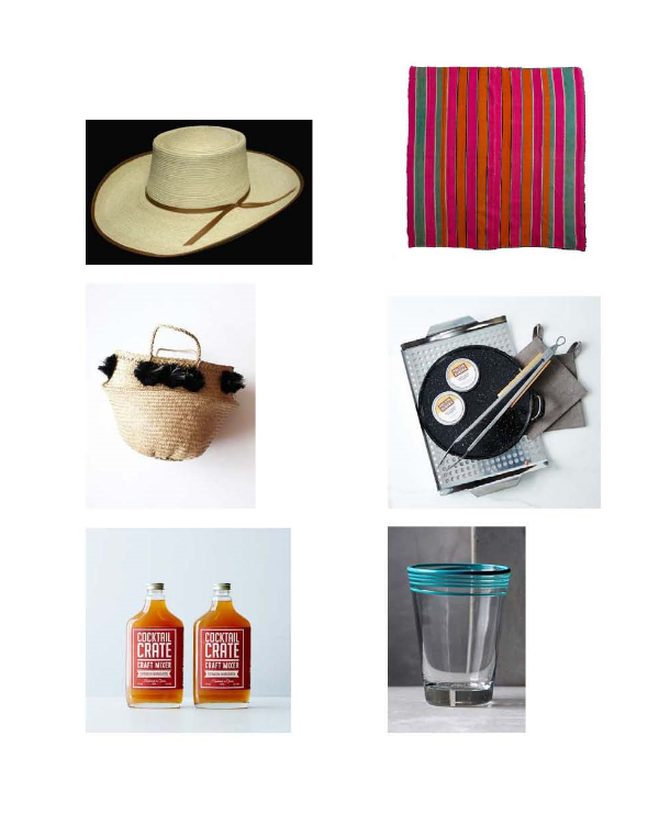 Sunbody Reata Palm Leaf Hat : Jedlika's, Bolivian Frazadas Blanket : Loaded Trunk, Eliza Gran Pom Pom Basket : Mille, DIY Carne Asada Kit: Food52, Sriracha Margarita Mix: Food52, Seaside Glass: Anthropologie