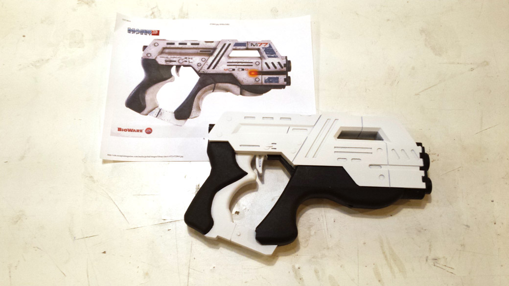 White area of 3D Printed Cosplay Mass Effect Pistol with masking removed