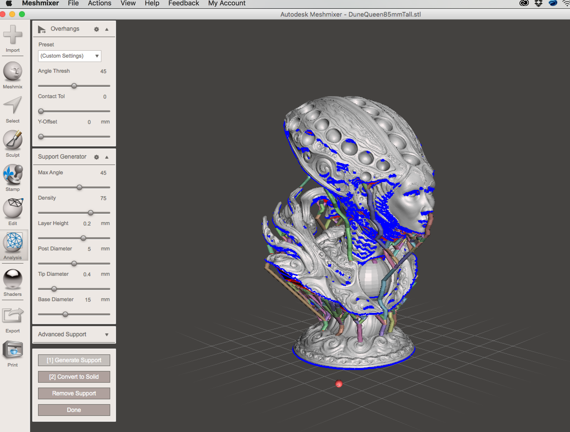 Adding Supports for 3D Printing in Autodesk Meshmixer. You can click on the image to see the settings i like to use with the MakerBot Z-18. After AutoGeneration I usually add some reinforcing structures manually