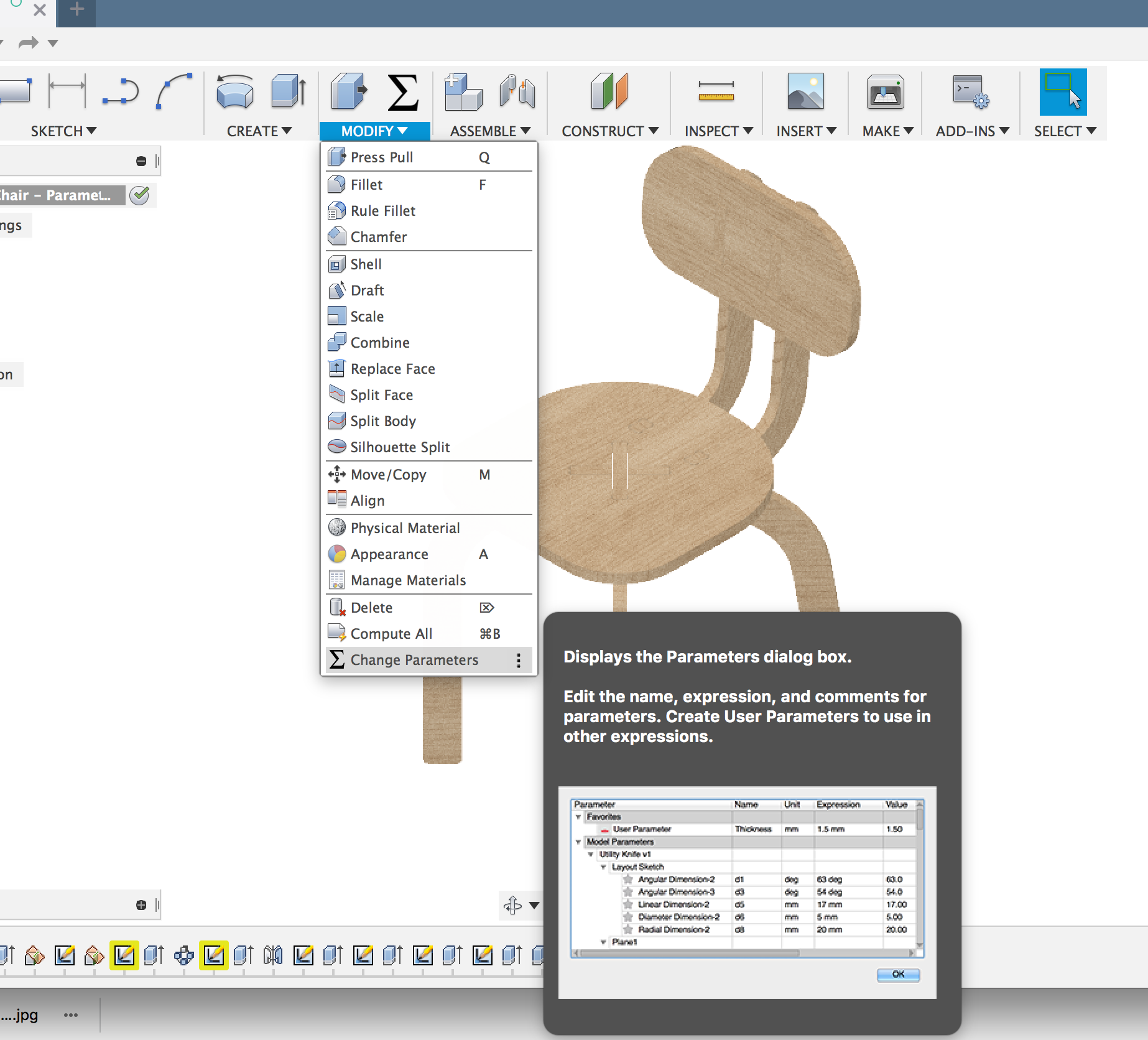 Finding the Change Parameters window in Fusion 360 Model workspace.