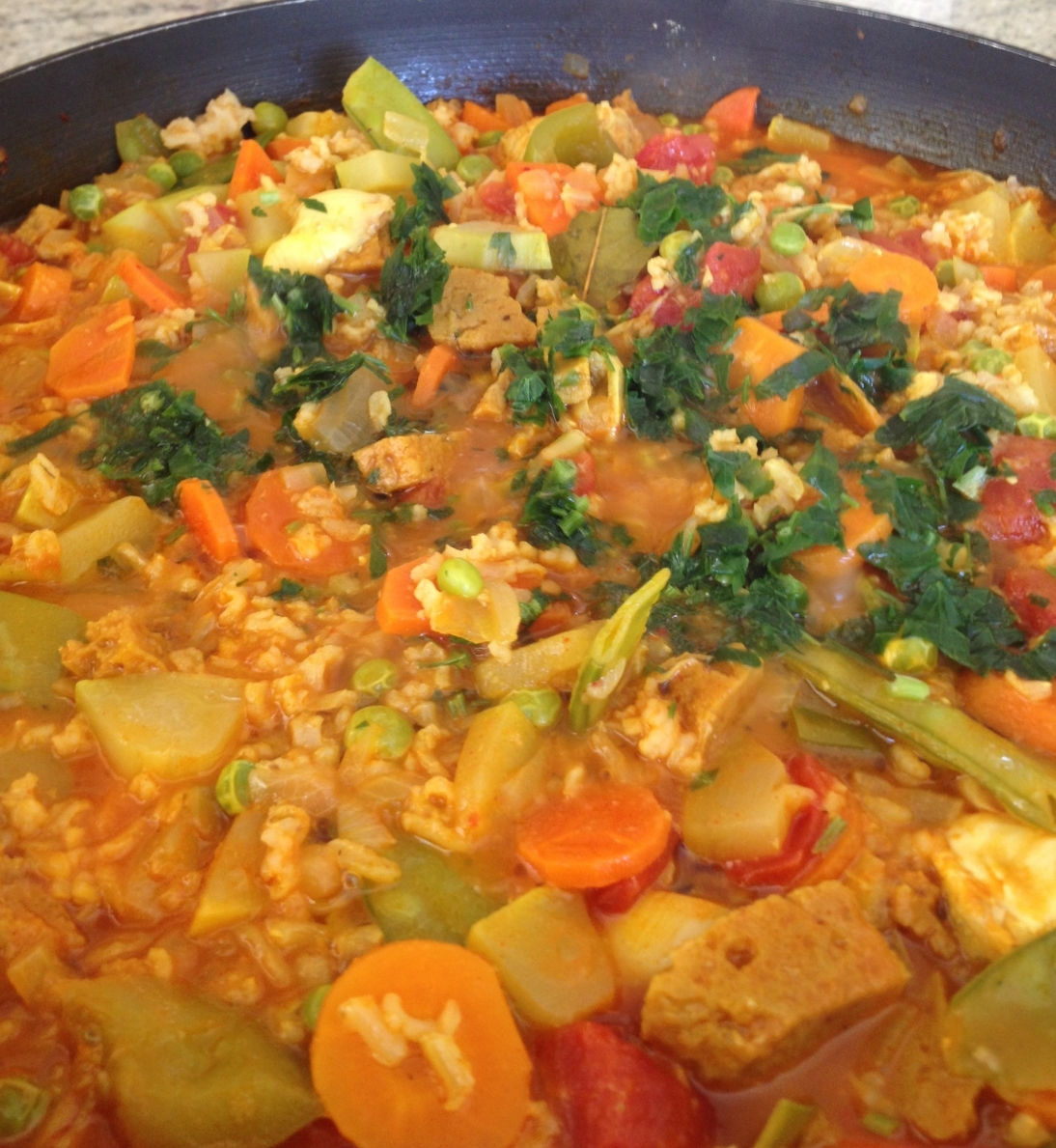 Paella with fresh spring garden ingredients!!