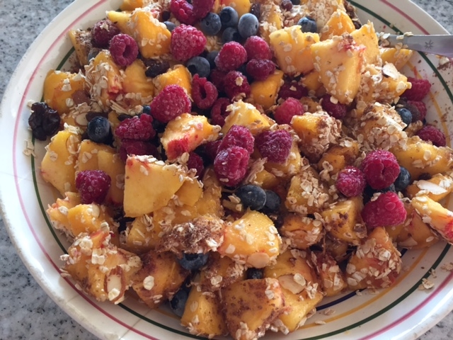 Our family loves this nutritious breakfast (or dinner) Muesli every summer. Just chop up a big bowl of cold, fresh, sweet peaches, add a generous scoop of ground flaxseeds, a cup of quick oats, chopped nuts, mix and top with raisins and berries!!! Ready to eat, kids love it, so nutritious!! With a slice of homemade bread, what more do we need!!! Have a fun and safe summer!