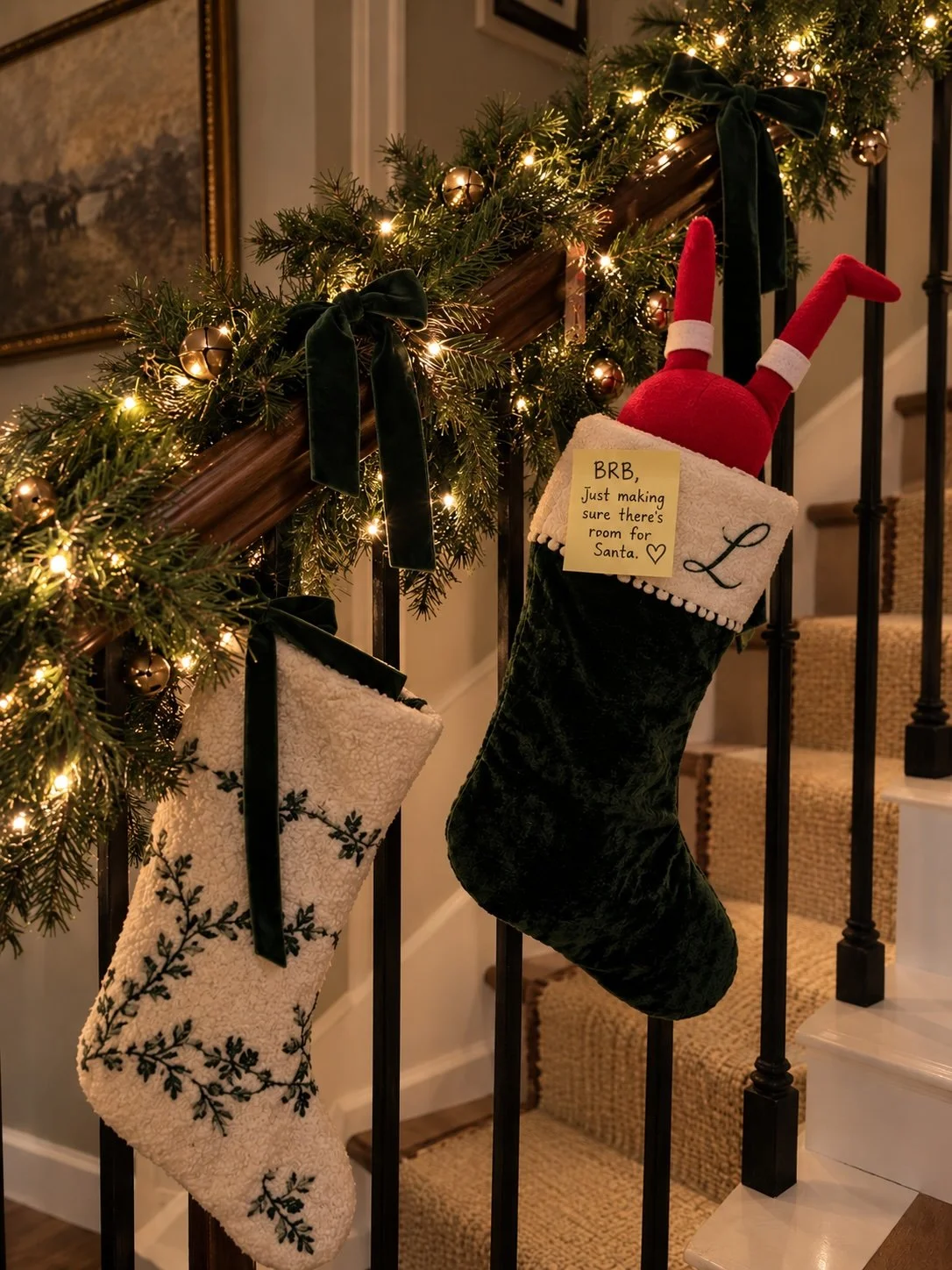 Elf on the Shelf peeking out of a Christmas stocking