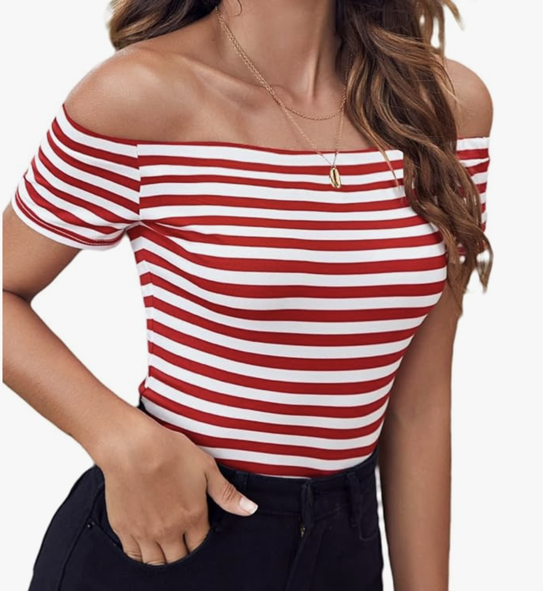 red and white striped top