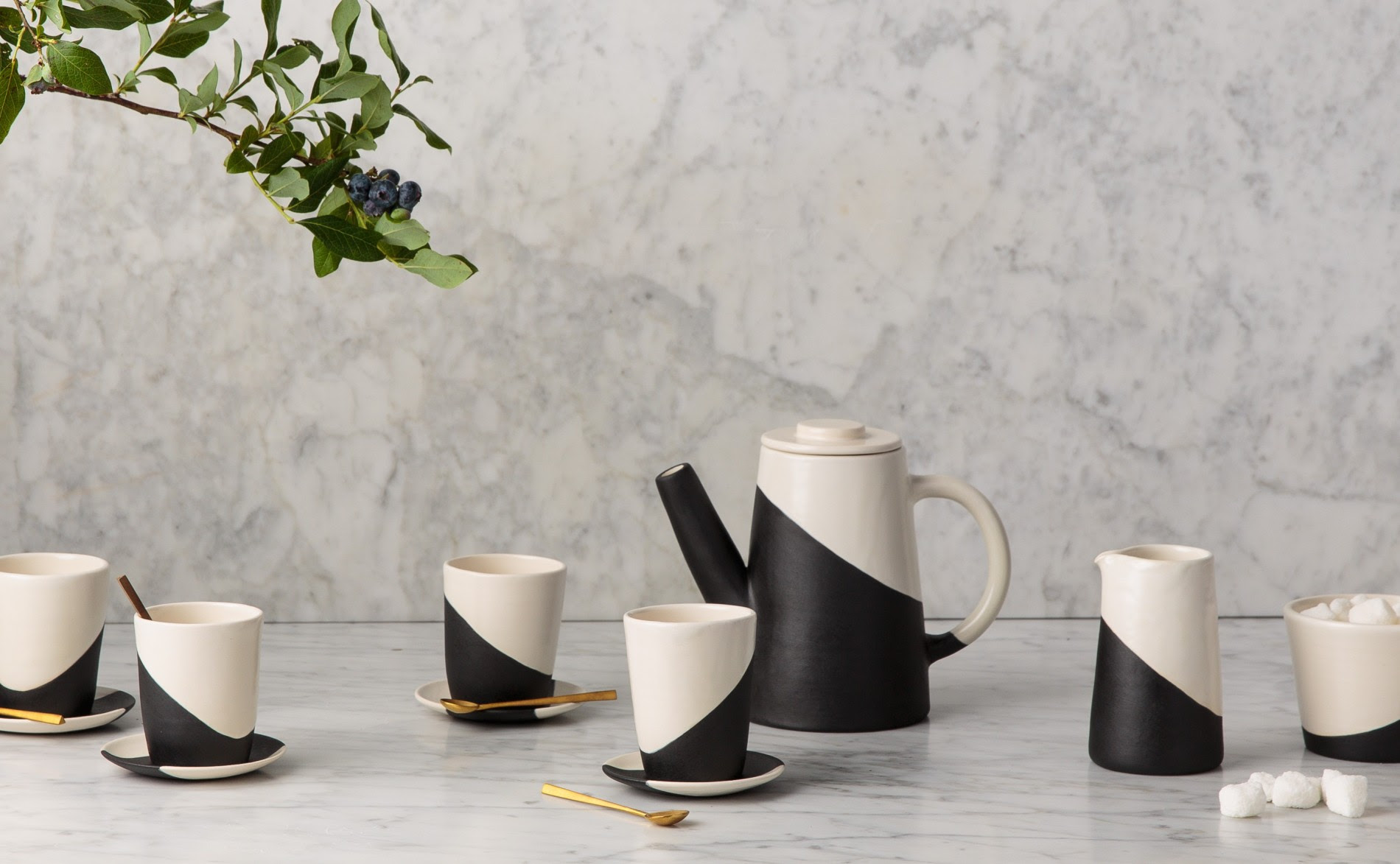 black and white tea set