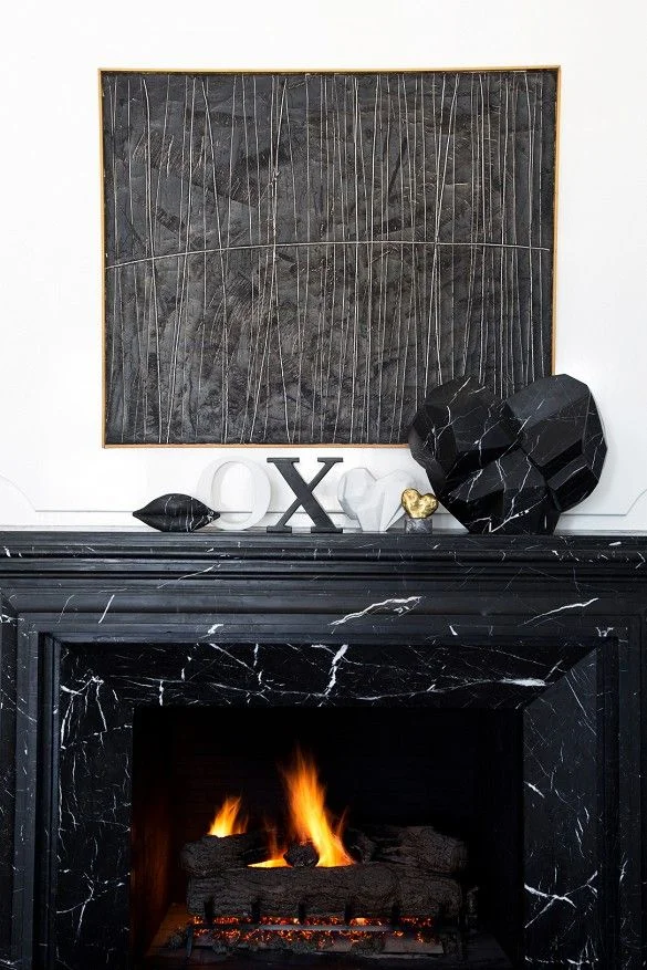 Kelly Wearstler marble fireplace vignette