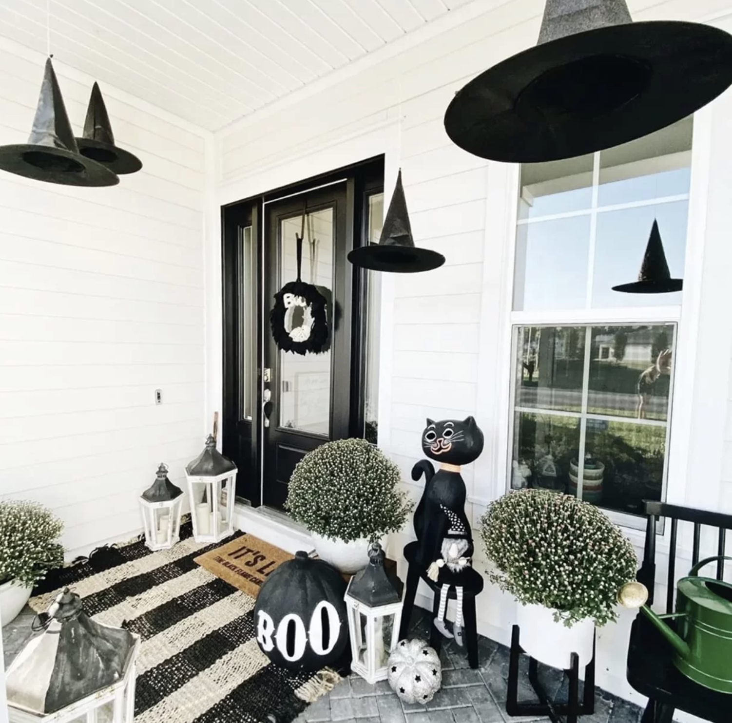 black and white halloween front porch