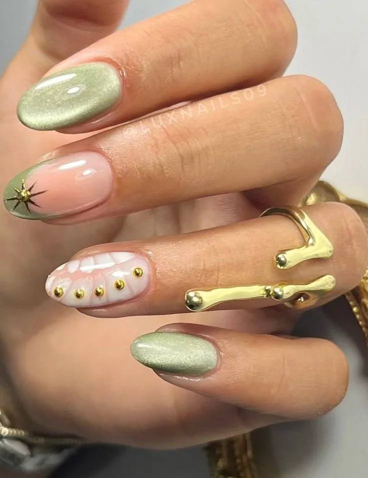 sage green cat eye nail idea