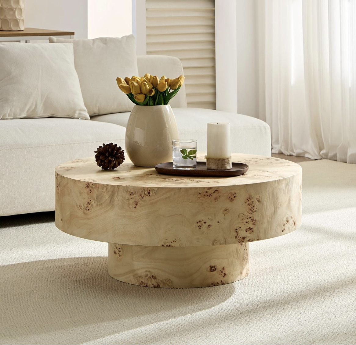 burl wood round coffee table