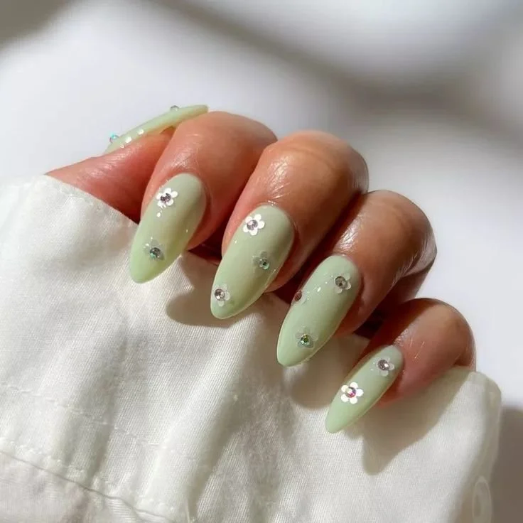 sage green floral nails