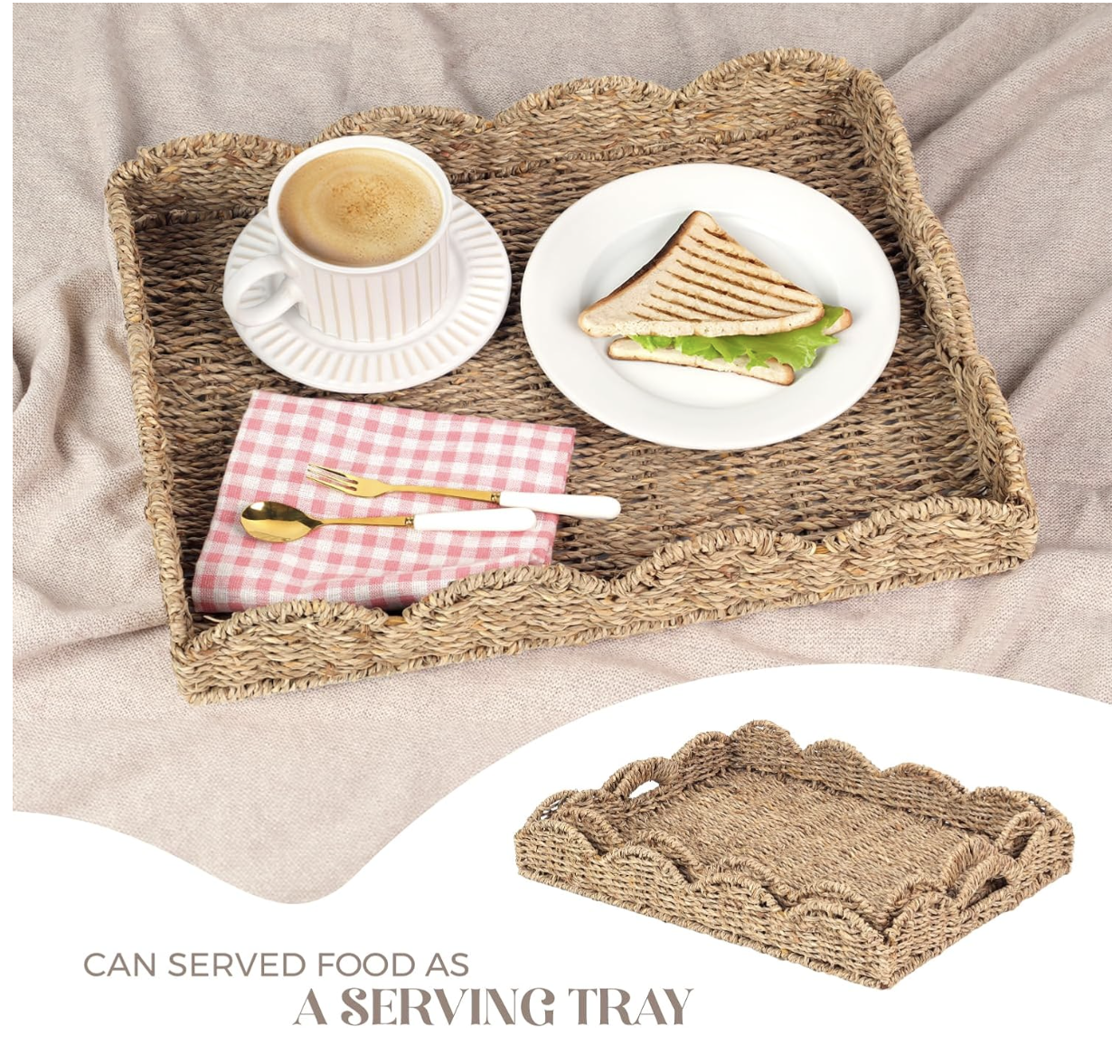 Seagrass Serving Tray with Scalloped Edge and Built-in Handles