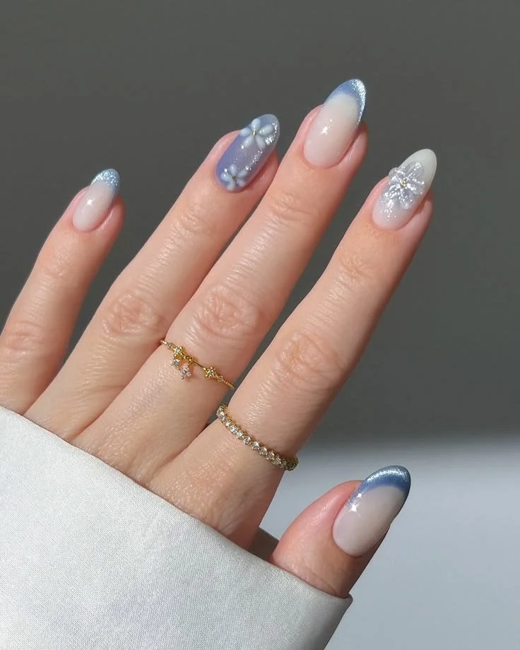 pale blue floral nails