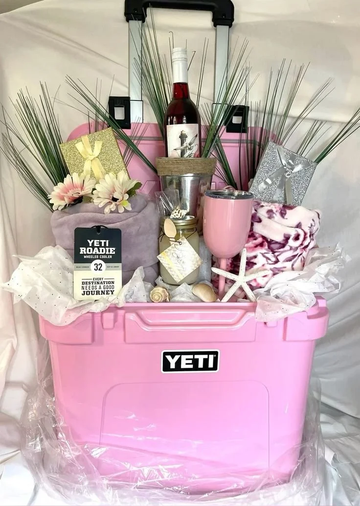 PINK yeti cooler gift basket
