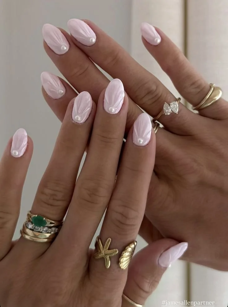 pink pearl and shell nails