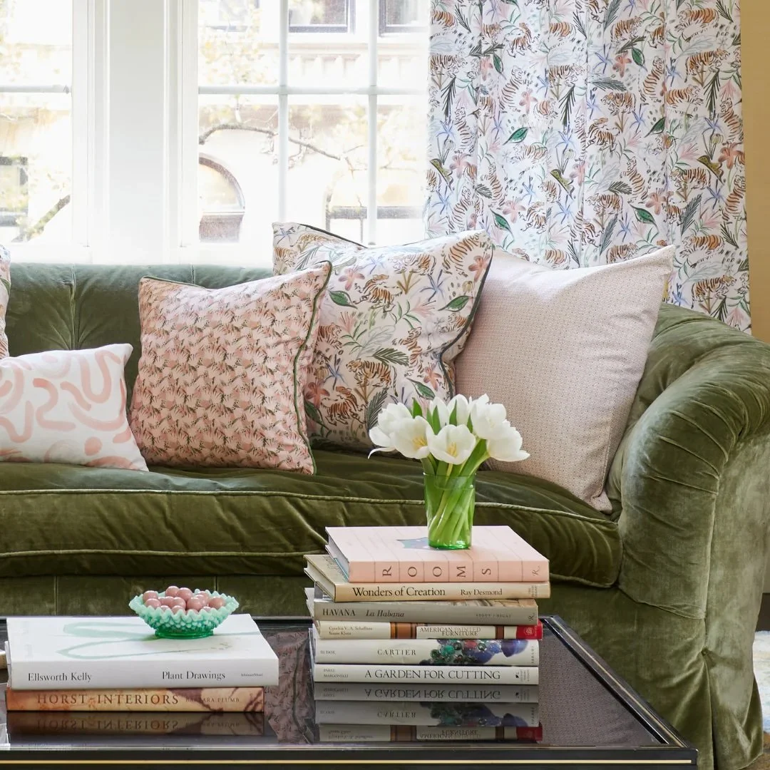 green sofa chinoiserie pillows