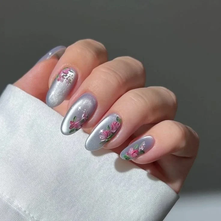 grey shimmer with pink flowers