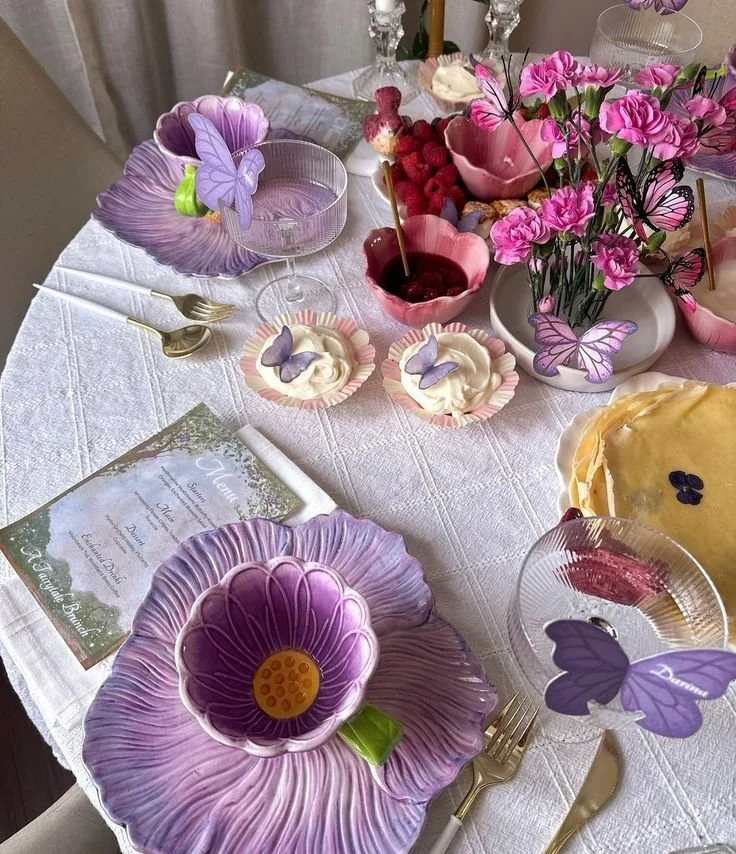 purple dishes and treats tea party