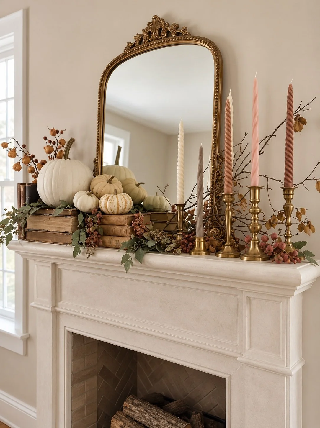 Cream fall mantel with an ornate gold arched mirror, stacked vintage books, white pumpkins, and brass candlesticks with blush twisted taper candles