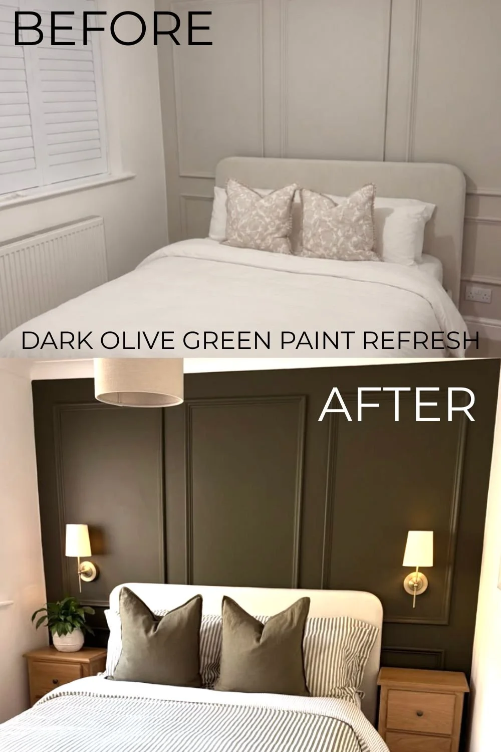 Before and after of a bedroom accent wall, from light greige paneling with beige pillows to dark olive green paneling with brass sconces and striped bedding.