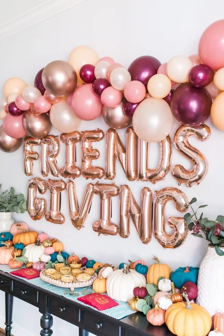 Friendsgiving decor with a gratitude theme and autumn colors