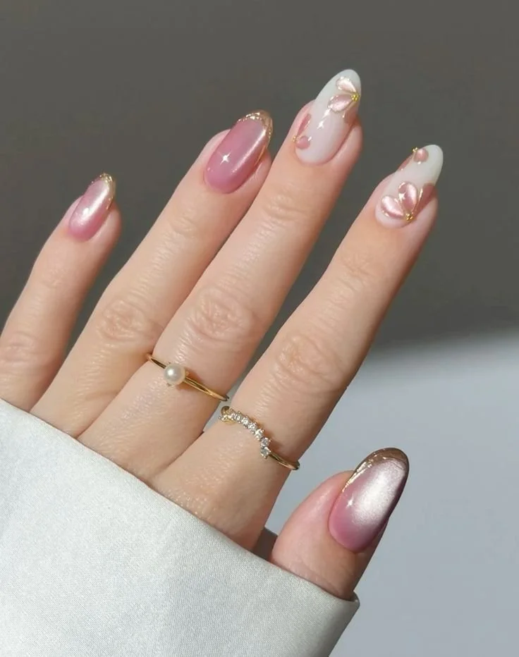 soft pink floral shimmer nails