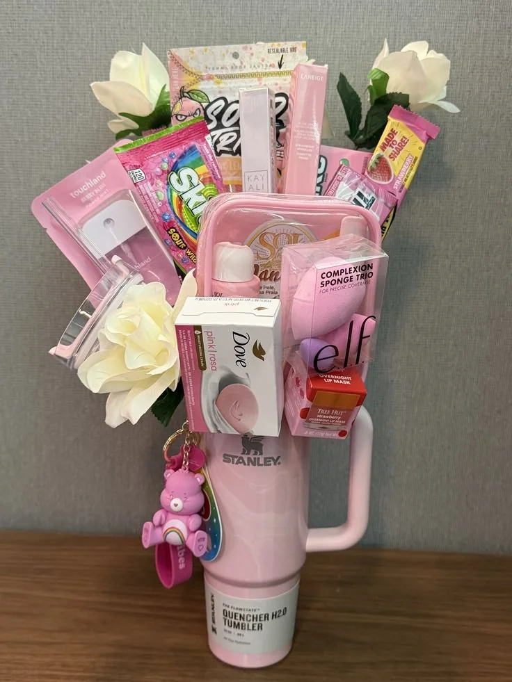 pink stanley cup gift basket