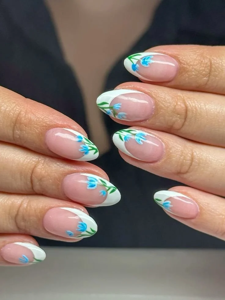 french manicure with blue tulips