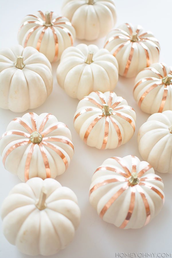 white pumpkins with rose gold painted stems