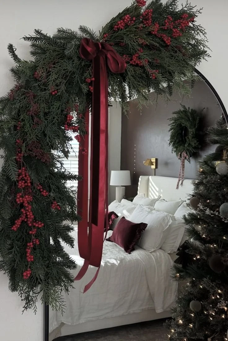 burgundy christmas tree garland in the bedroom