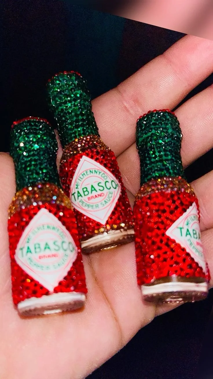 Mini rhinestoned Tabasco bottles