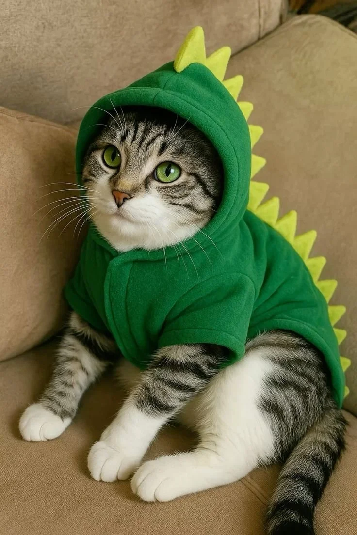 Tabby cat wearing a green dinosaur costume with hood and spikes for Halloween
