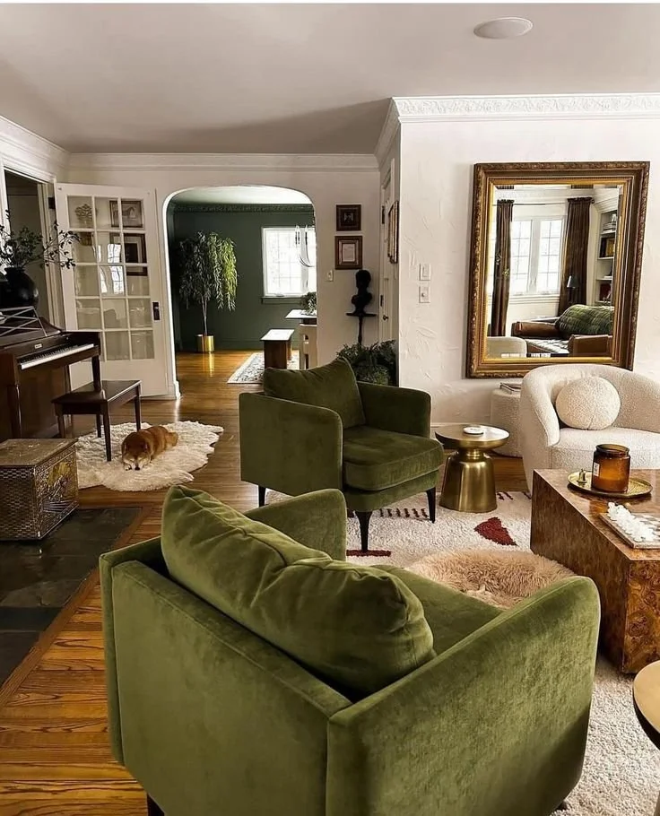 green chairs seating living room