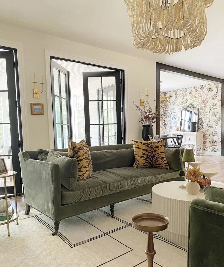 green sofa floral wallpaper