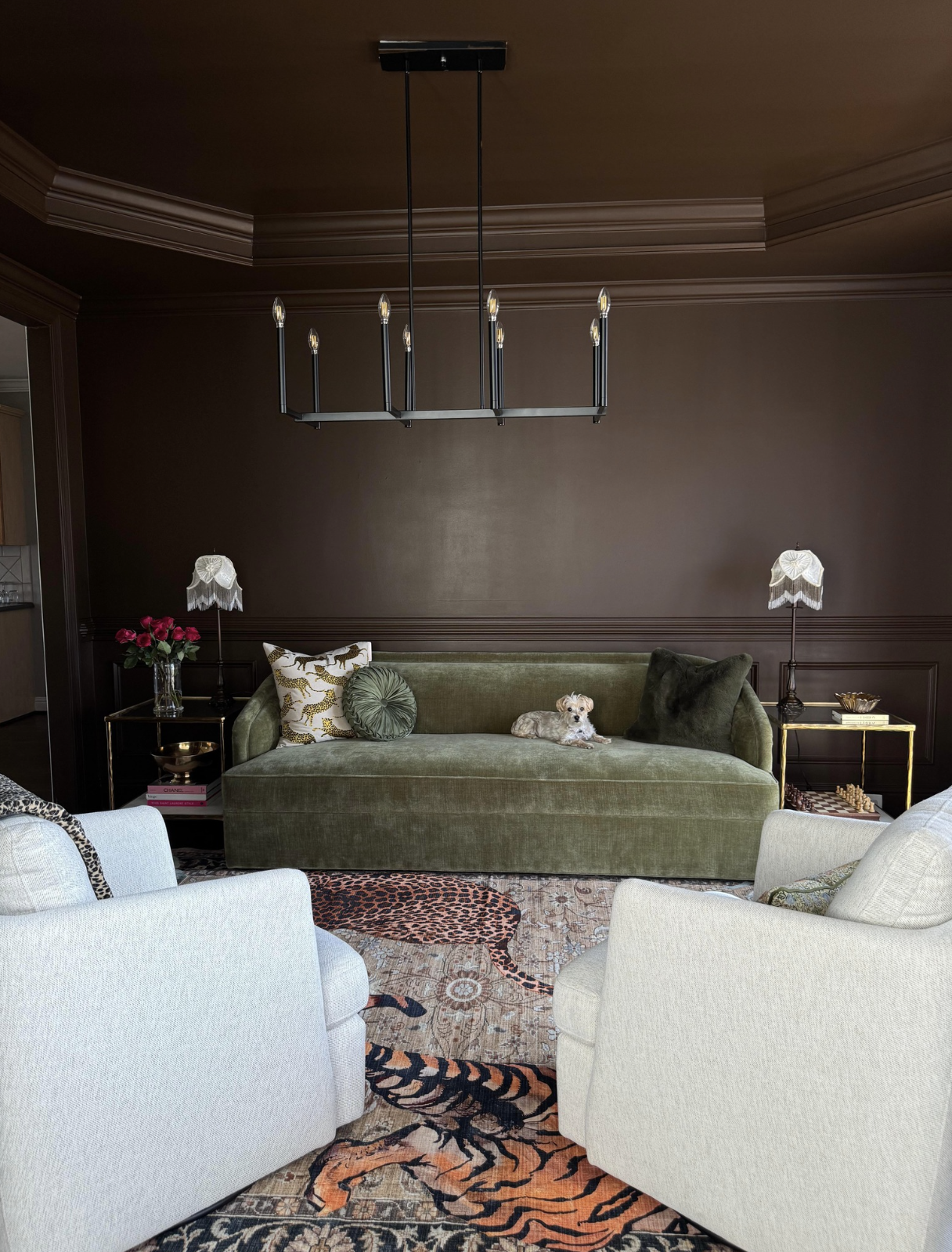 green sofa brown walls